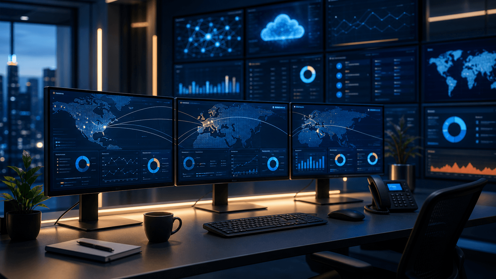 Remote IT operations desk monitoring cloud, security, and multi-region business systems
